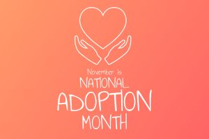 November is National Adoption Month - these words are printed on the image with a heart and two hands are holding the heart.