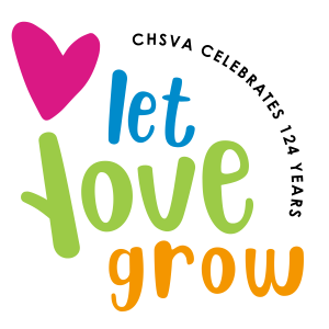 CHSVA celebrates 124 years at Lewis Ginter Botanical Garden. Let Love Grow logo in blue, green, orange, and pink.